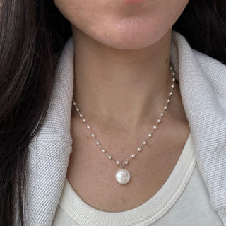 Freshwater Pearl Coin Pendant Necklace, Tiny Pearl Beaded Chain