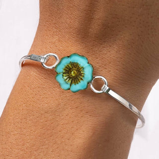 Turquoise Flower Glass Bead Bangle Bracelet, Sterling Silver with Glass