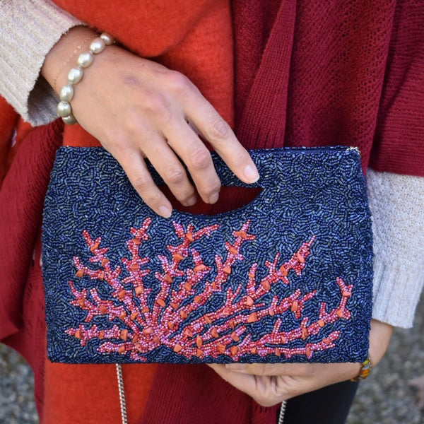 Beaded Statement Clutch Navy Coral Branch Bespoke Design