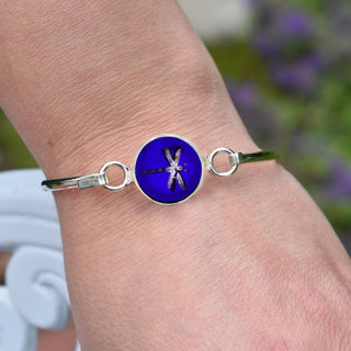 Dragonfly Symbol Bangle Bracelet, Sterling Silver with Glass Token