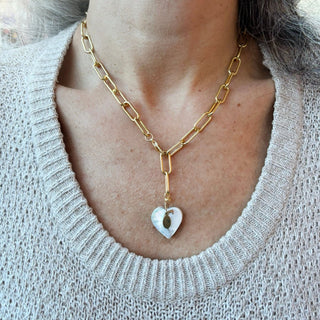 Heart Shell Pendant Necklace on Gold Paperclip Chain