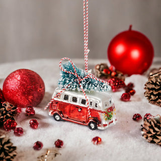 Vintage Bus with Christmas Tree Glass Ornament