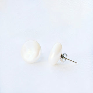 White Coin Freshwater Pearl Stud Earrings, 14mm