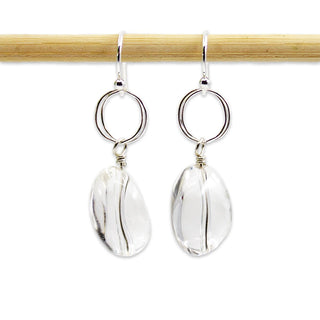 Circle Drop Earrings, Crystal Quartz with Silver or Gold
